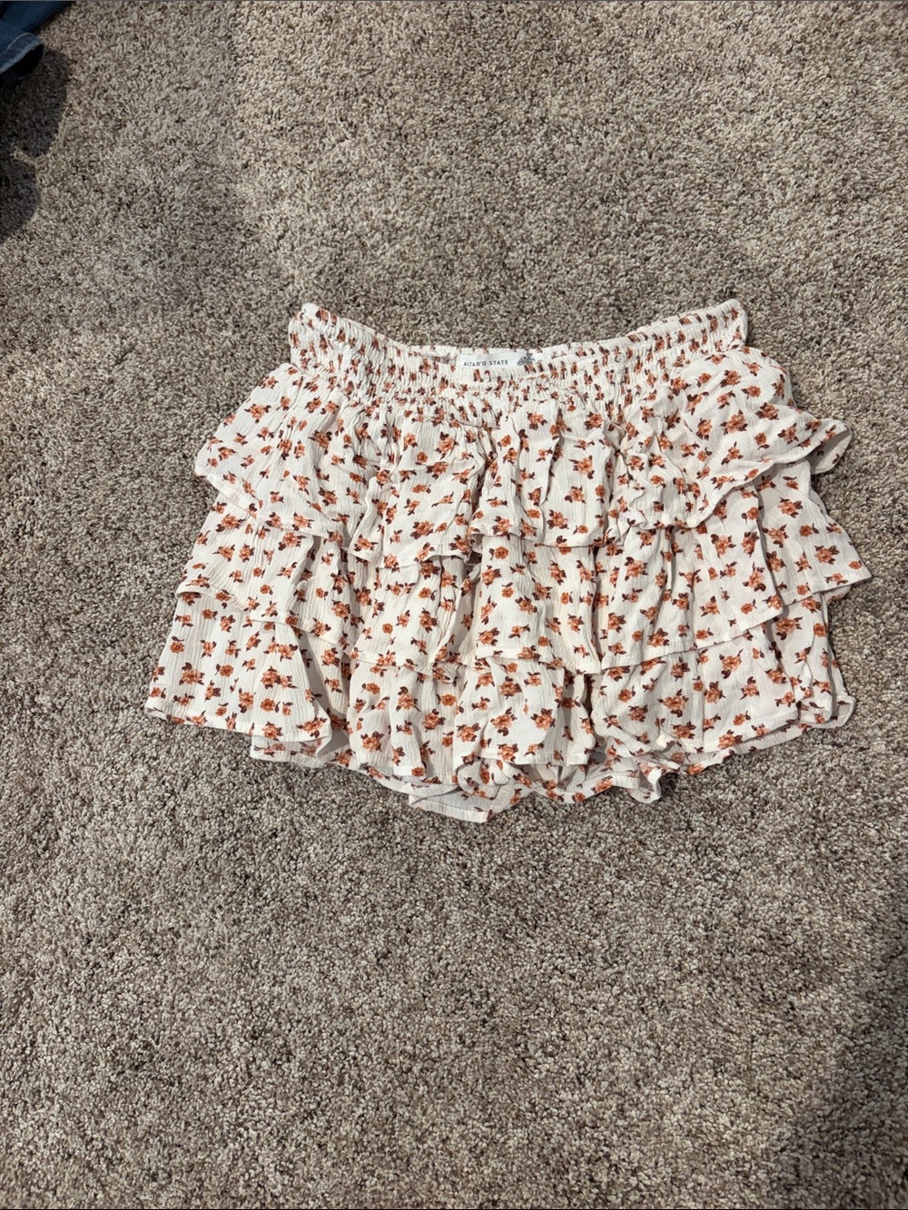 Altar'd State White Ruffle Skirt with Rust Floral